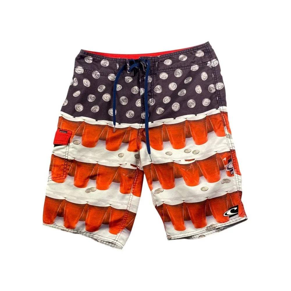 O'Neill Mens Swim Trunks Board Shorts Red Cup Coin Print‎ Size 30